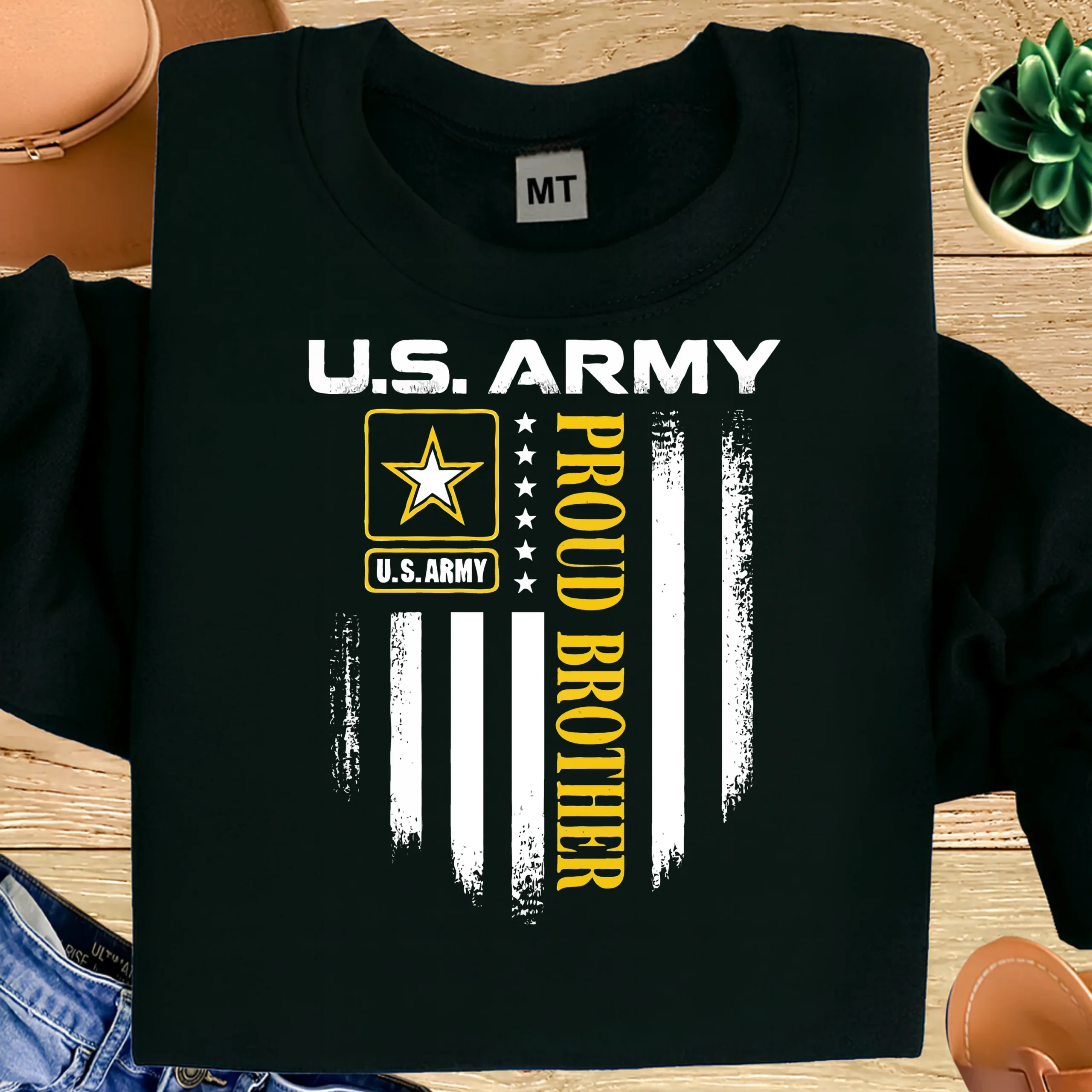 U.S. Army Proud Brother T-shirt with bold military flag design. Premium cotton tee for army families, supporters, patriotic wear, and everyday style.