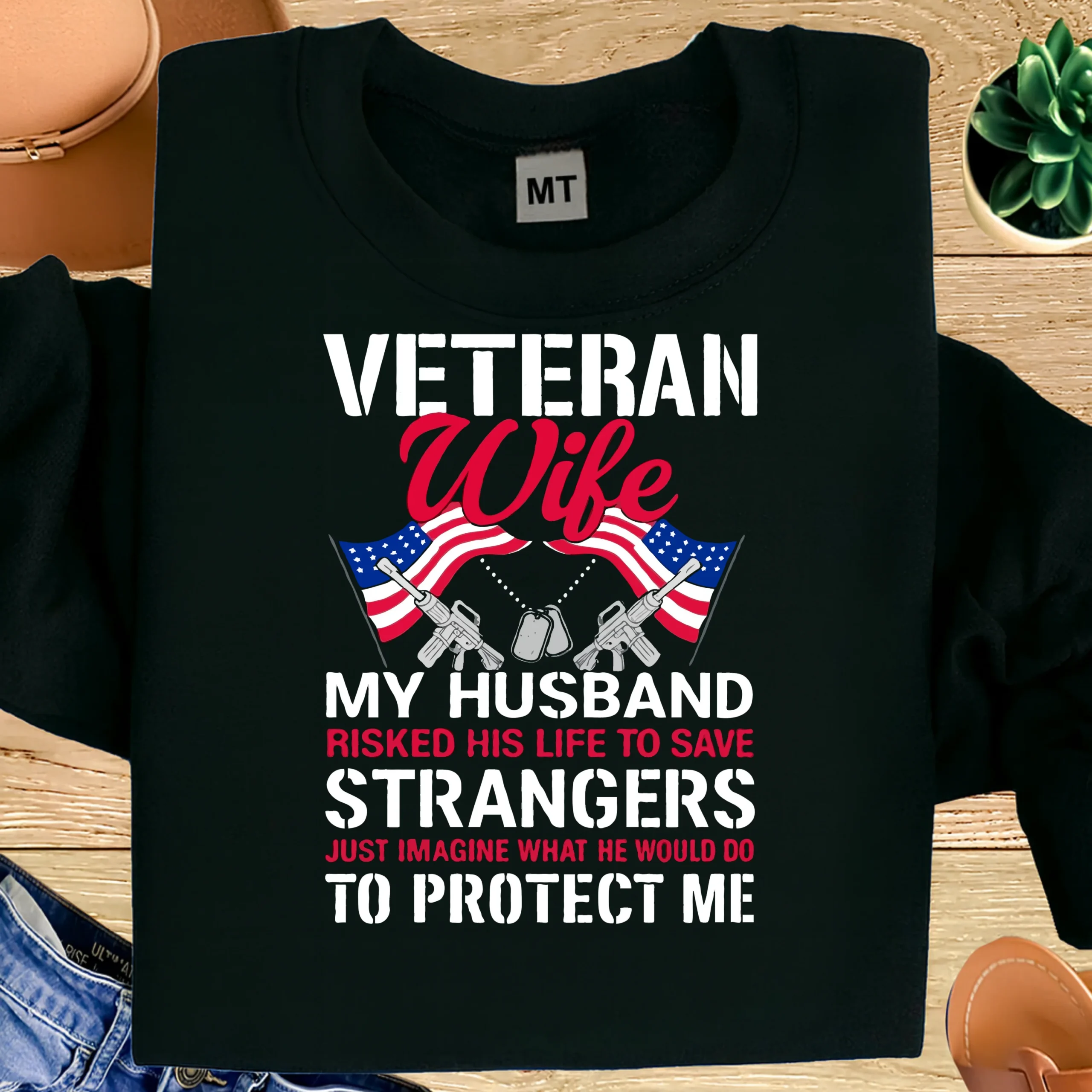 Veteran Wife T-shirt with powerful patriotic message and military design. Premium cotton tee honoring sacrifice, love, and military family pride.