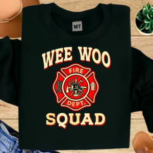 Bold “Wee Woo Squad” firefighter T-shirt featuring a classic fire department emblem. Premium cotton tee for firefighters and first responders.