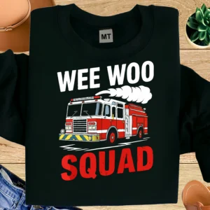Funny “Wee Woo Squad” firefighter T-shirt with bold fire truck graphic. Premium cotton tee for firefighters, EMTs & first responders.