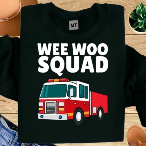 Funny “Wee Woo Squad” firefighter T-shirt featuring a bold fire truck graphic. Premium cotton tee for firefighters, EMTs, and first responders.