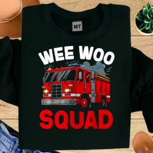Funny “Wee Woo Squad” firefighter T-shirt with bold fire truck graphic. Premium cotton tee for firefighters, EMTs, and first responders.